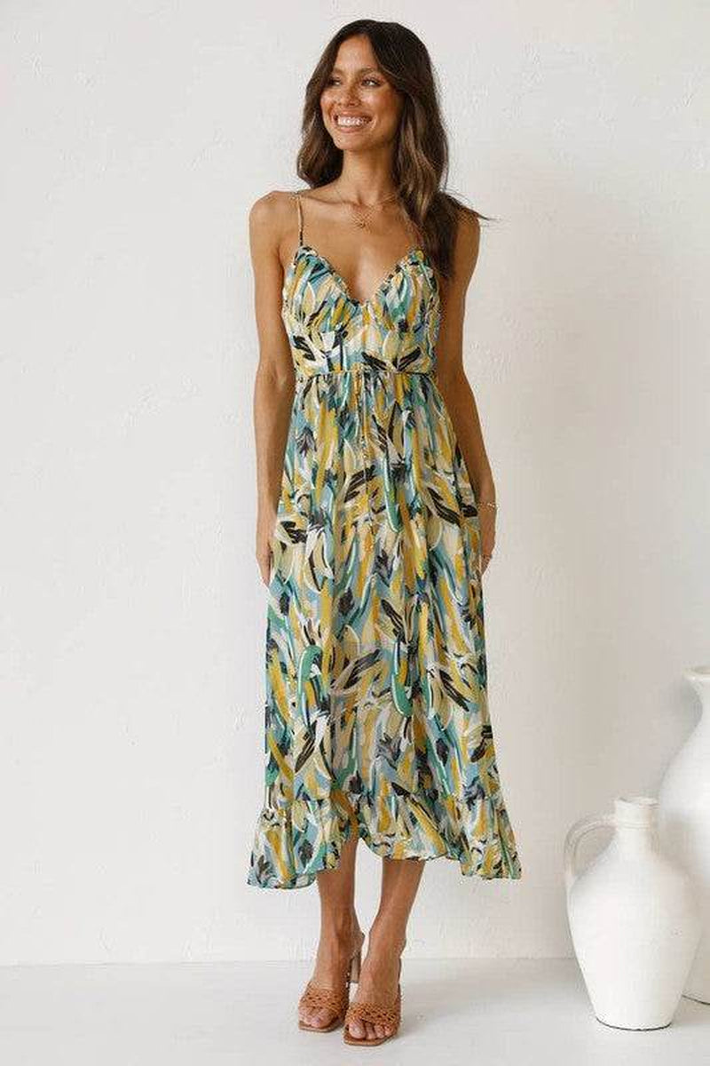 Women'S Floral Print A-Line Printed Ruffle Halter