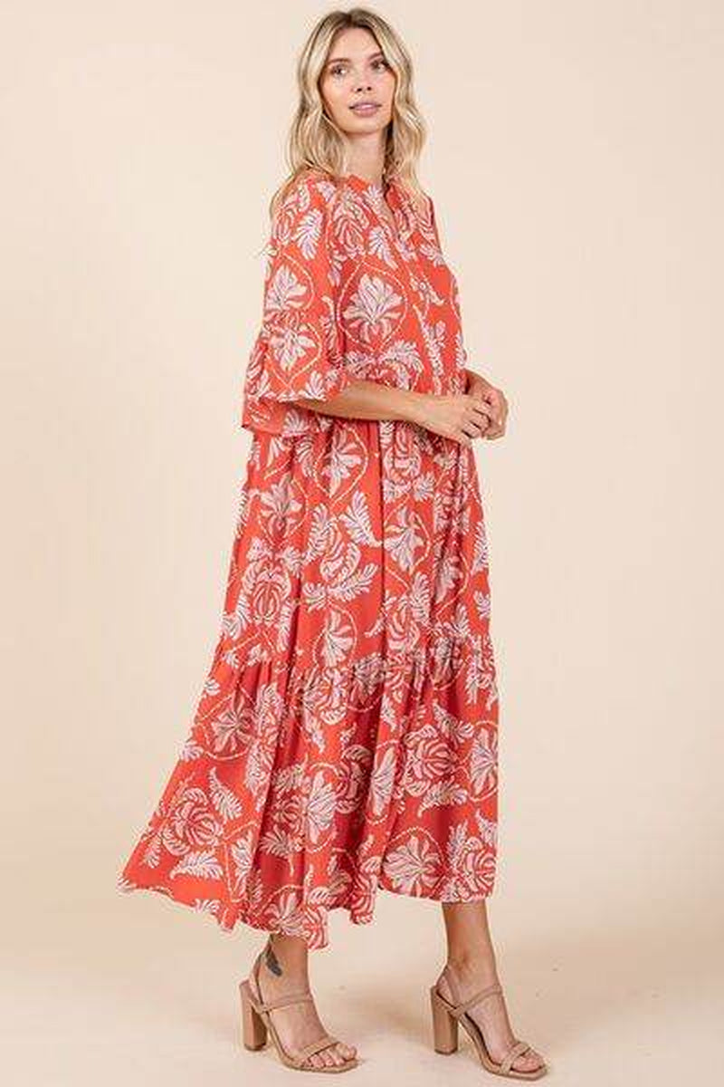 Mittoshop Abstract Leaf Print Tiered Ruffle Dress