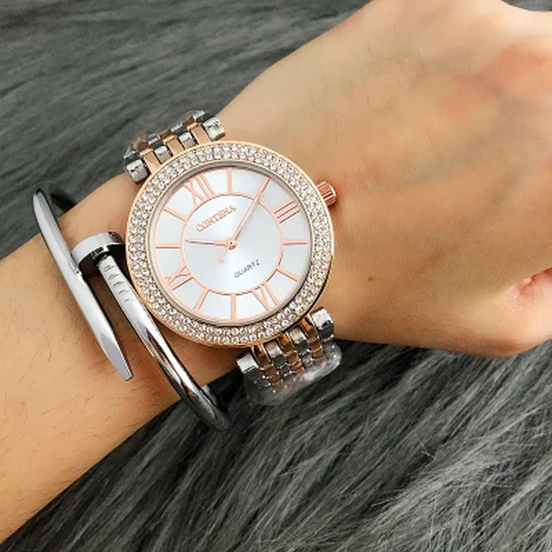 CONTENA Women'S Watches Fashion Rhinestone Ladies Watch Top Brand Luxury Silver Watch Women Watches Full Steel Clock Reloj Mujer